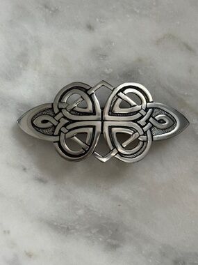 St Justin Cornish Pewter Celtic Knot Bow Hair Slide Barrette Velvet Pouch Gift